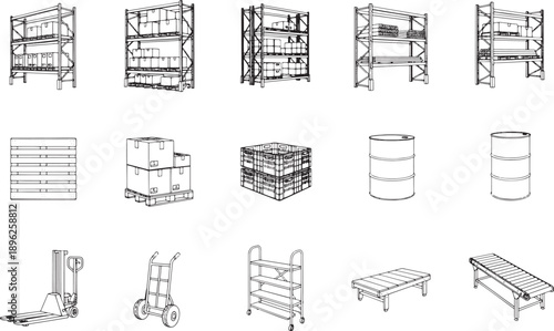 Illustrative monochrome collection of industrial storage and transport elements. Perfectly suited for conceptual and technical visualizations. 