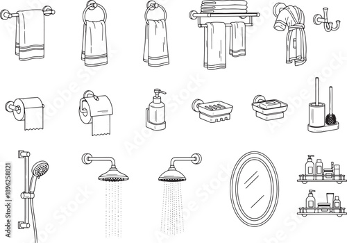 A set of sketched bath accessory illustrations presents a collection of essential bathroom items, perfect for design and home improvement projects.