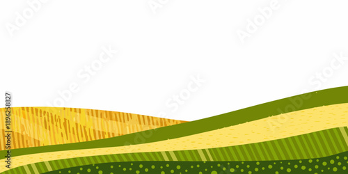Rolling hills of green and golden fields under a bright white sky