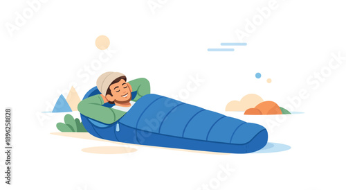 Boy in sleeping bag relaxing outdoors, flat vector illustration