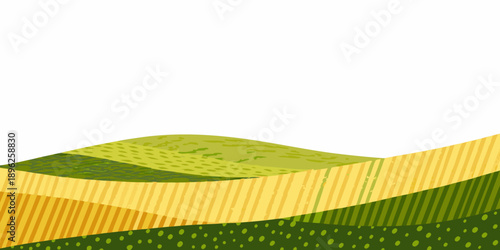 Stylized rolling hills illustration with varying shades of green and yellow