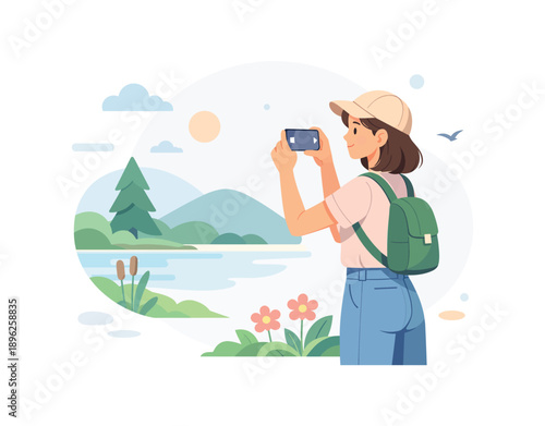 Woman taking photos of nature by lake with smartphone, flat vector illustration
