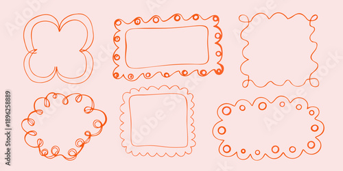 Hand drawn orange doodle frames and borders on a pastel pink background