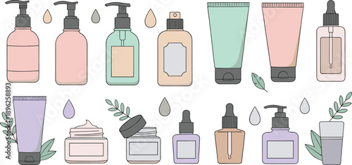 Cosmetic Packaging Collection with Bottles Tubes Jars and Droppers for Skincare Beauty Products Minimal Pastel Vector Illustration