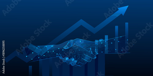 Digital handshake with rising graph symbolizing partnership and technological growth