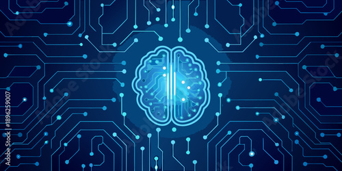 A glowing human brain integrated with a complex network of digital circuitry
