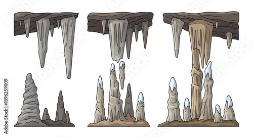 Cartoon illustration of a cave interior with stalactites and stalagmites