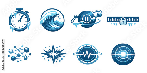 Set of eight blue glowing sci-fi icons with stopwatch wave and lock symbols