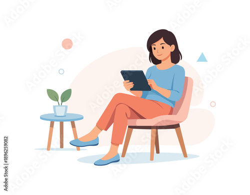 Woman with tablet sitting on chair next to plant, flat vector illustration