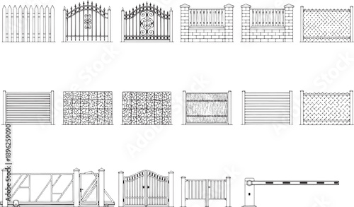 Architectural ensemble of intricately designed gates and fences, meticulously sketched, displaying a variety of styles for both security and aesthetic charm.