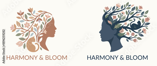 Logo design for Harmony & Bloom, featuring a stylized human head with a tree growing out of it, symbolizing growth and harmony.