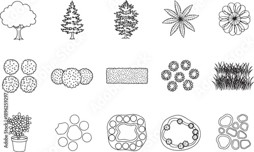 An overhead view showcase plant, tree and flower design elements in a concise, eye-catching fashion, perfect for design needs.