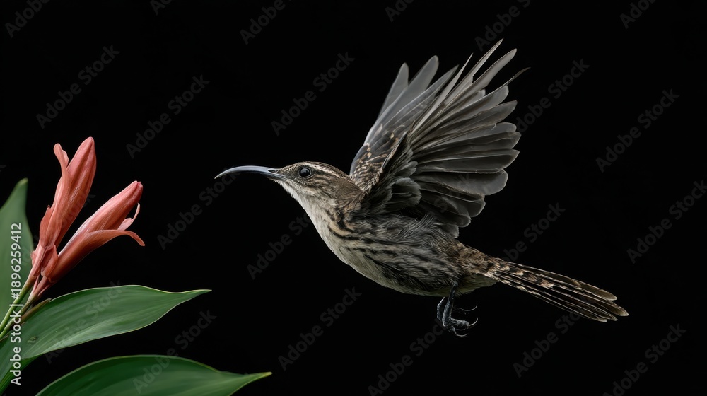 Fototapeta premium Hummingbird in Flight Near Tropical Flower with Dark Background