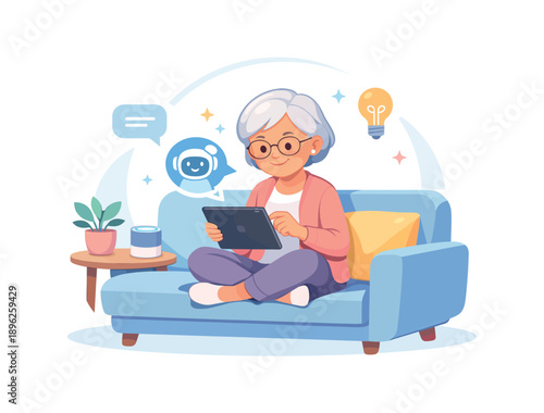 Elderly woman using tablet on sofa with smart speaker and icons, flat vector illustration