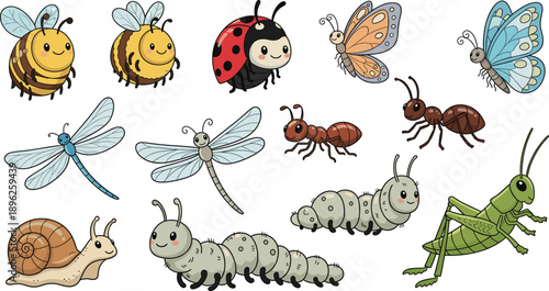 Cute Cartoon Insects Set with Bees Ladybug Butterflies Dragonflies Ants Caterpillars Snail and Grasshopper Vector Illustration