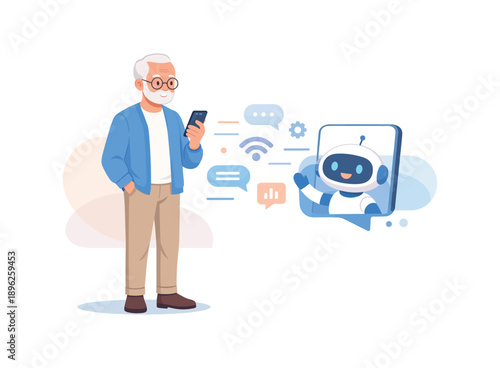 Elderly man interacting with chatbot on smartphone, flat vector illustration
