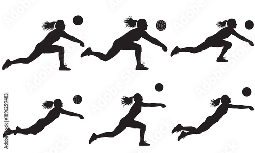 Multiple silhouettes of women playing volleyball in various dynamic poses.