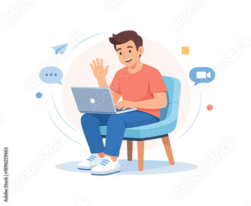 Man with laptop sitting on chair, flat vector illustration of remote work