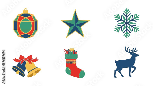 Christmas Icons Set: Ornament, Star, Snowflake, Bells, Stocking, Reindeer