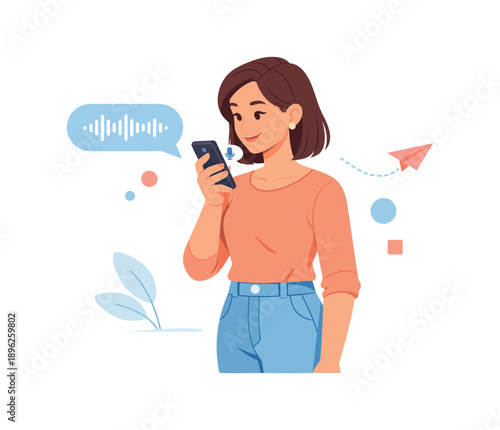 Woman using voice assistant on smartphone, flat vector illustration