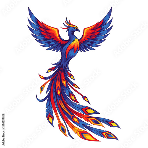 Vibrant Phoenix Bird Illustration. Mythical firebird with colorful spread wings and flowing tail feathers, isolated on white.
