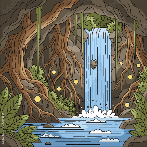 Mystical Jungle Cave with Waterfall, Lush Roots, and Glowing Orbs Illustration