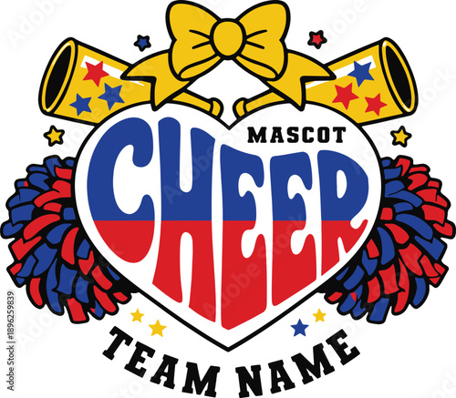 A colorful illustration of a cheerleading team mascot logo with pom-poms and megaphones.