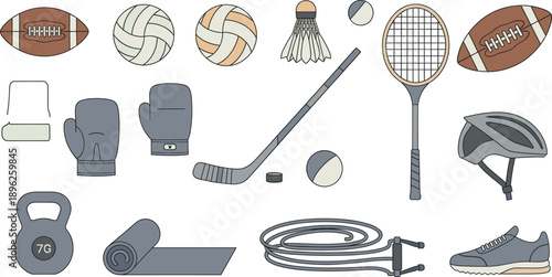 Mixed Sports Equipment Set with Football Volleyball Hockey Stick Tennis Racket Boxing Gloves Fitness Gear and Helmet Vector Illustration
