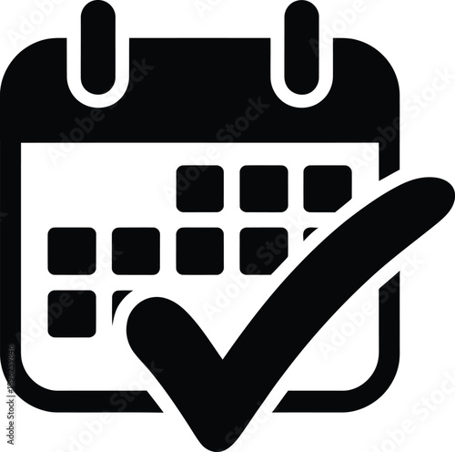 Black calendar icon with a checkmark representing confirmed schedule or completed task isolated on white background