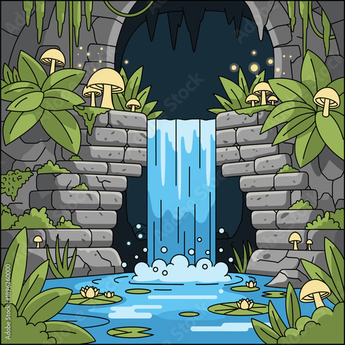 Whimsical Cartoon Cave Grotto Waterfall Illustration with Pond, Lily Pads, and Mushrooms. Enchanted Nature Scene