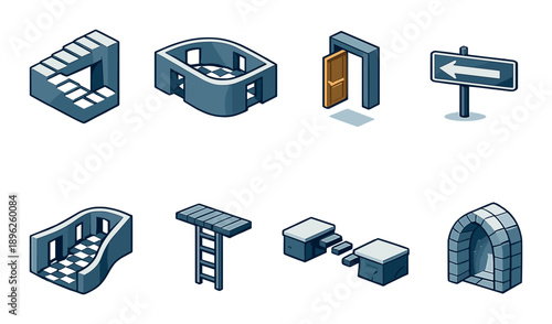 Isometric maze: staircases, doors, and pathways in a mystical dungeon setting