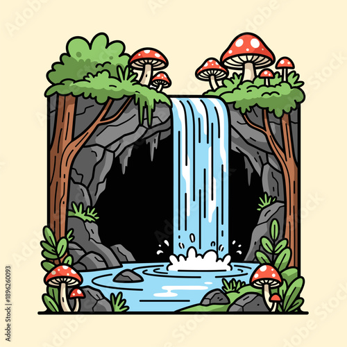 Enchanted Forest Waterfall Scene with Cave and Mushrooms, Cartoon Illustration