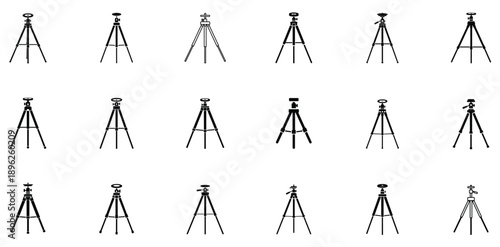 Modern vector tripod icon collection, clean silhouette style, isolated, ideal for designers, photographers, and creative agencies.