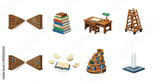 Library icons set: books, desk, ladder, spiral shelves, reading light, open book