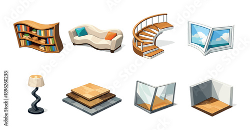 Modern furniture icons: bookshelf, sofa, staircase, window, lamp, tiles, corner space