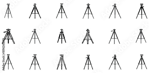 Vector silhouette tripod icons, elegant minimalist design, isolated, ideal for photography, videography, and digital media content.