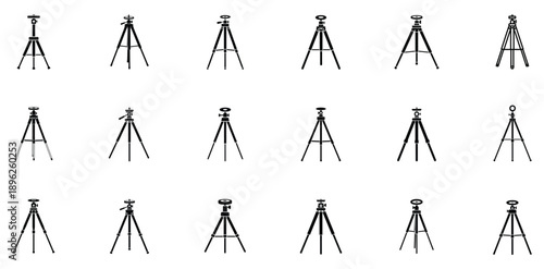 Professional-quality camera tripod vector icons, minimalist silhouettes, isolated background, perfect for media and photography work.