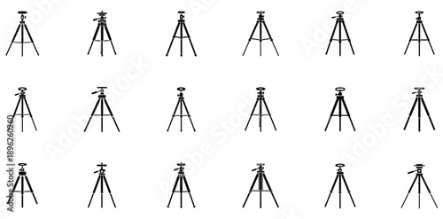 High-resolution silhouette camera tripod icons in vector format, fully editable, isolated for seamless integration into media projects.