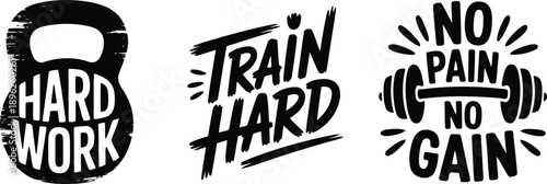 Inspirational workout graphics display fitness mottos like Hard Work and No Pain No Gain with gym equipment