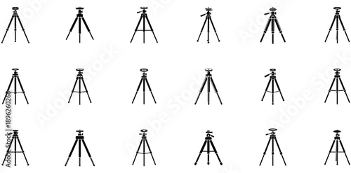 Minimalist tripod icon set in sleek vector silhouettes, transparent background, suitable for photography, branding, and web use.