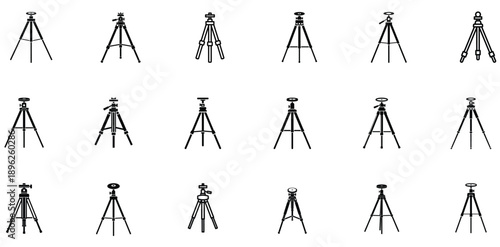 High-quality silhouette tripod icons in vector format, isolated for easy use in professional photography, video production, and graphic design.