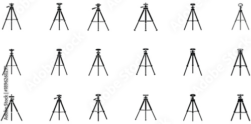 Creative vector icons of camera tripods, sleek silhouettes, fully transparent, suitable for photography portfolios and media presentations.