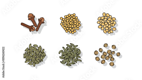 Assorted Spices and Herbs Displayed in Piles on White Background from Direct Viewpoint