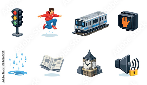 Isometric urban elements featuring diverse city icons