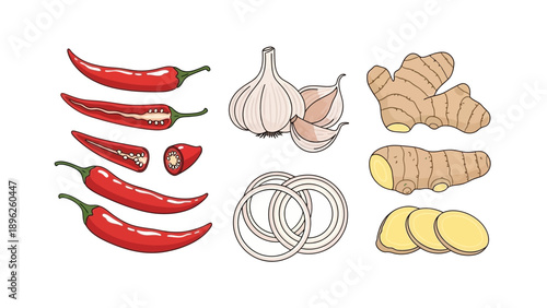 Assorted ingredients including chili peppers, garlic, ginger, and noodles arranged neatly on a clean surface viewed from directly above