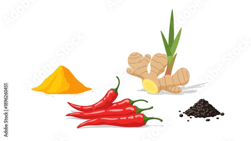 Assorted spices including turmeric powder, red chili peppers, ginger root, and black pepper arranged neatly on a white surface from a top-down viewpoint
