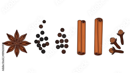 Spices and seasonings arranged neatly on a white surface including star anise, peppercorns, cinnamon sticks, and cloves