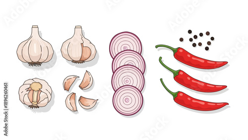 Assorted ingredients including garlic, onion, pepper, and spice arranged together in a simple digital illustration viewed from directly above.