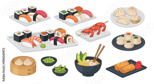Colorful assortment of various japanese and asian cuisine dishes presented flatly