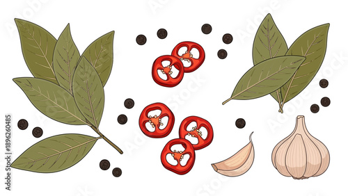 Assorted spices and ingredients arranged on a clean surface showcasing bay leaves, peppers, garlic, and peppercorns from a top-down view